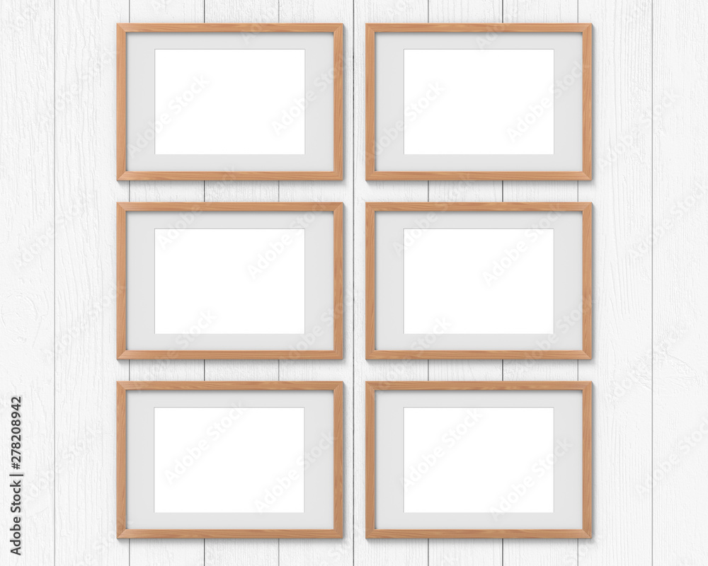 Set of 6 horizontal wooden frames mockup with a border hanging on the wall. Empty base for picture or text. 3D rendering.