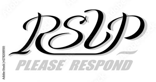 Hand drawn brush calligraphy lettering RSVP. Handwritten isolated phrase Please Respond with shadow