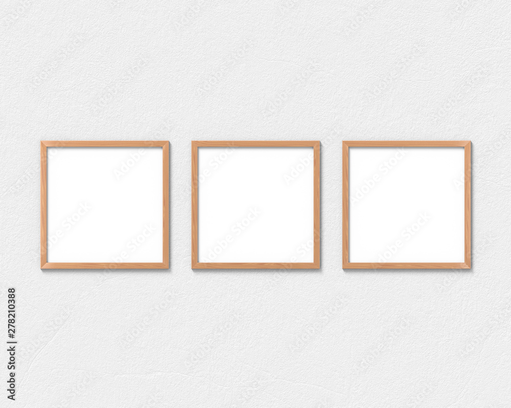 Set of 3 square wooden frames mockup hanging on the wall. Empty base for picture or text. 3D rendering. Set of 3 square wooden frames mockup hanging on the wall. Empty base for picture or text. 3D rendering.