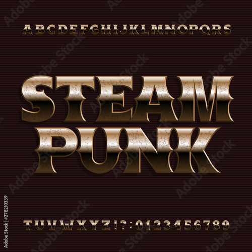 Steampunk alphabet font. Vintage copper letters and numbers. Stock vector typeface for your design.