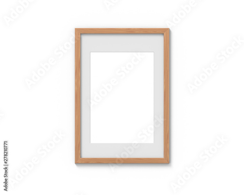 Vertical wooden frames mockup with a border hanging on the wall. Empty base for picture or text. 3D rendering.