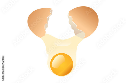 Broken egg shells with yolk falling down isolated on white background.