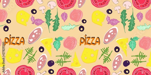 Fototapeta Naklejka Na Ścianę i Meble -  Seamless pattern, drawings on the topic of food, pizzeria, packaging design, vector illustration