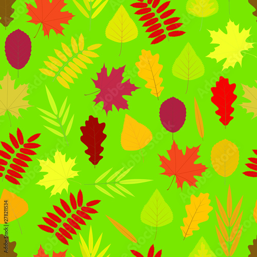 Seamless vector pattern of autumn leaves on green background