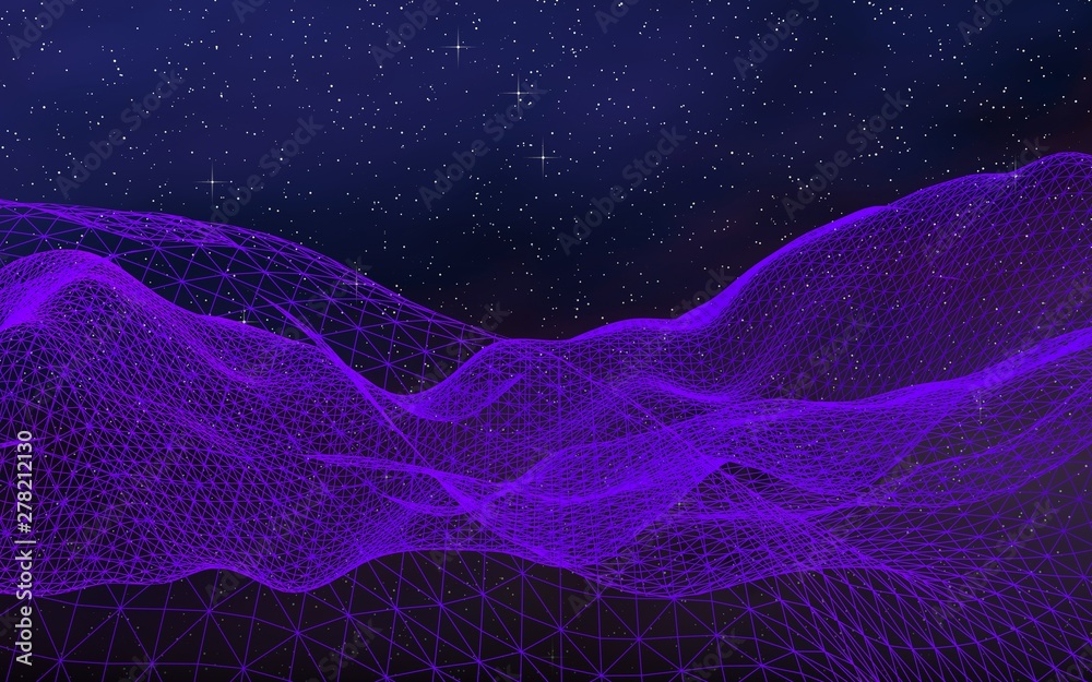 Abstract ultraviolet landscape on a dark background. Purple cyberspace grid. hi tech network. Outer space. Violet starry outer space texture. 3D illustration Abstract ultraviolet landscape on a dark background. Purple cyberspace grid. hi tech network. Outer space. Violet starry outer space texture. 3D illustration