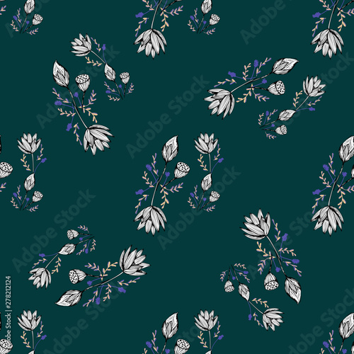Lotus flower hand drawn in beautiful style. Floral seamless pattern. Simple vector illustration.