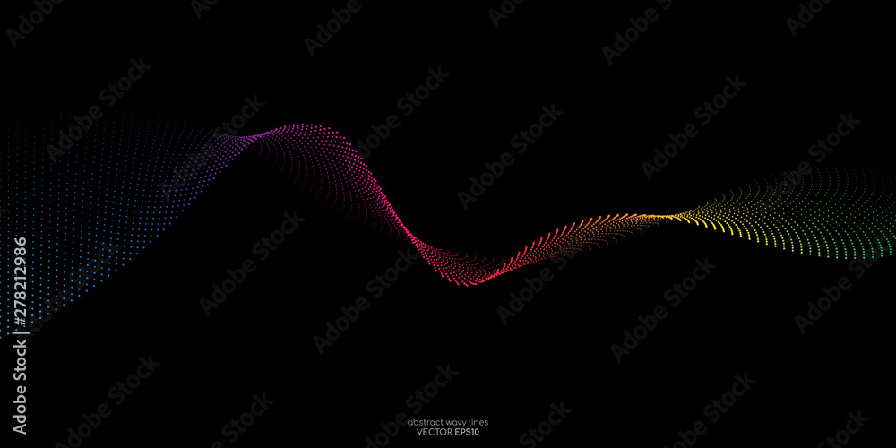 Flowing dots particles wave pattern colorful isolated on black ...