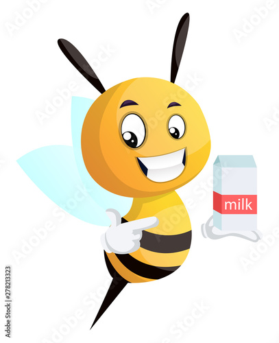 Bee pointing on the milk, illustration, vector on white background.