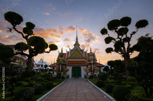 Inside main entrance of Wat Arun temple  in Bangkok, Thailand during sunset. © newroadboy
