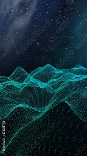 Abstract landscape on a dark background. Cyberspace grid. hi tech network. Outer space. Vertical orientation. Starry outer space texture. 3D illustration