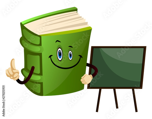 Cartoon book character with school blackboard, illustration, vector on white background.
