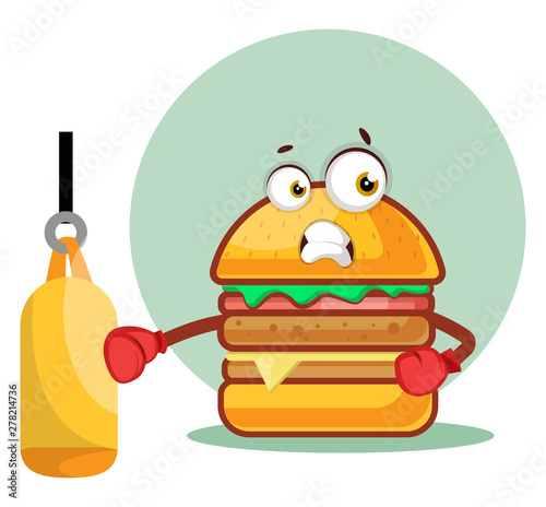 Boxer burger wears boxing gloves, illustration, vector on white background.