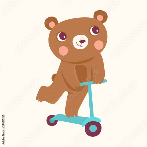 Vector cartoon illustration in simple childish style with bear riding scooter