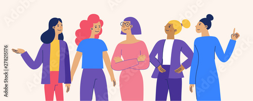 Vector illustration with female characters - feminist movement and girl power concept - stronger together happy diverse women - international women's day