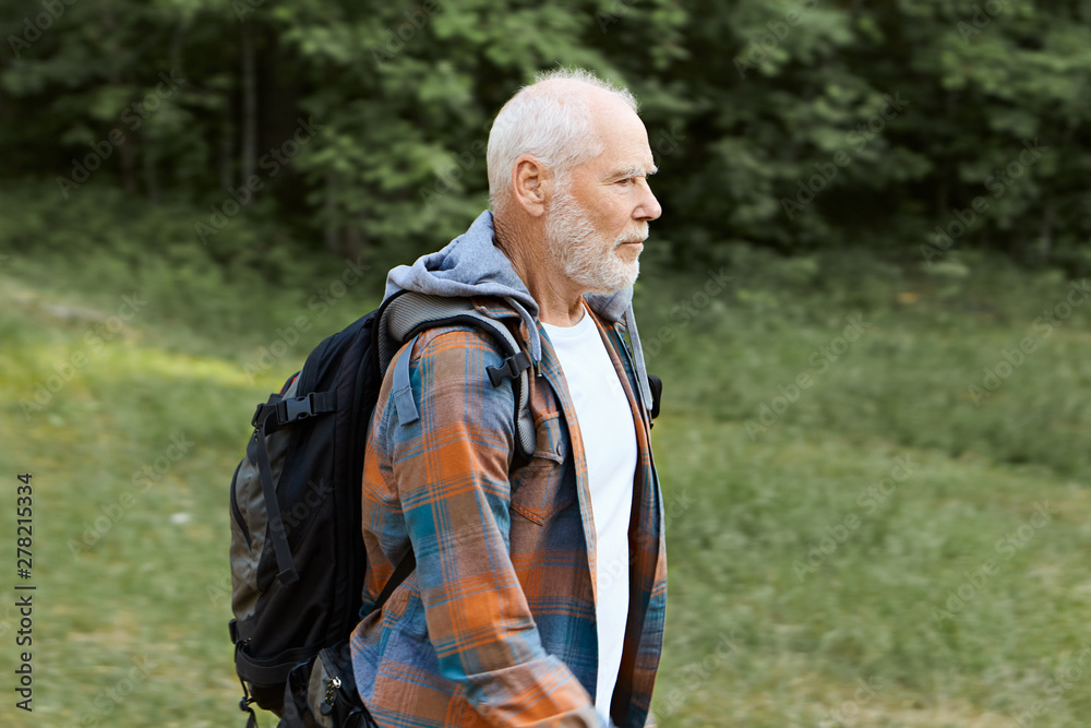 Summertime shot of senior retired man with thick gray beard and hair carrying rucksack while hiking alone. Unshaven male pensioner backpacking in forest. Wild nature, adventure and active lifestyle