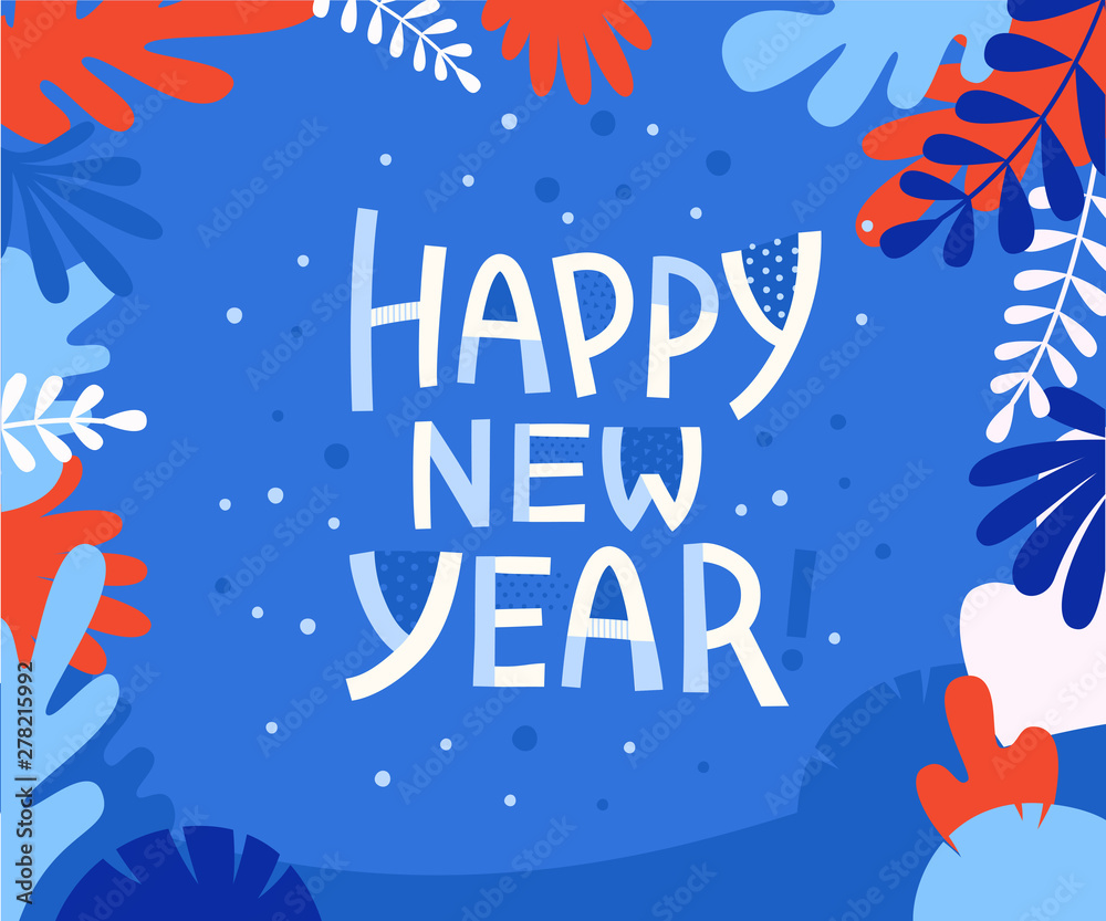 Happy new year - greeting card with hand-lettering text in cartoon style