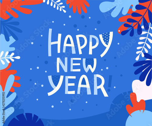 Happy new year - greeting card with hand-lettering text in cartoon style