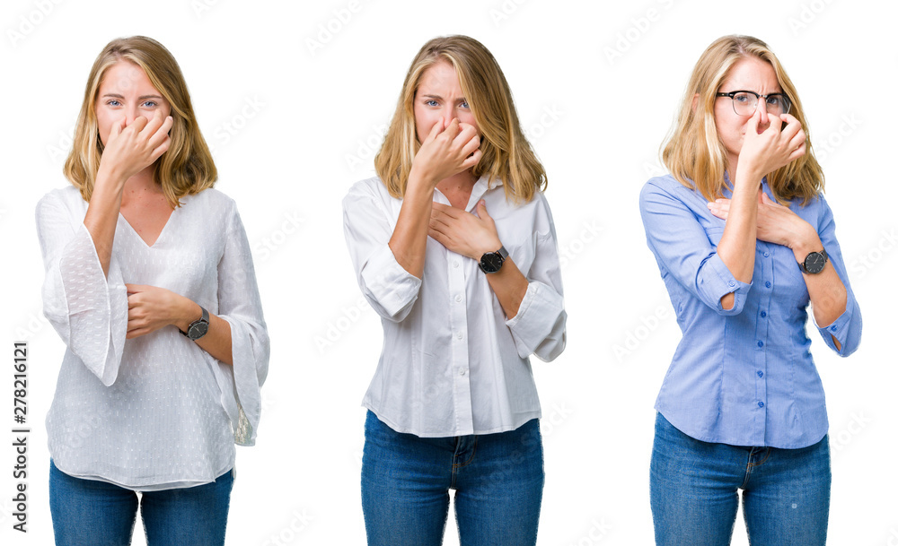 Collage of beautiful blonde business woman over white isolated background smelling something stinky and disgusting, intolerable smell, holding breath with fingers on nose. Bad smells concept. Collage of beautiful blonde business woman over white isolated background smelling something stinky and disgusting, intolerable smell, holding breath with fingers on nose. Bad smells concept.