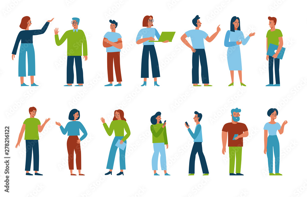 Vector set of cartoon characters in flat line style - men and women in different situations in office at work - design elements for infographics and banners