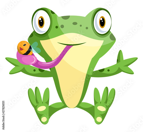 Cute cartoon frog catching a bee, illustration, vector on white background.