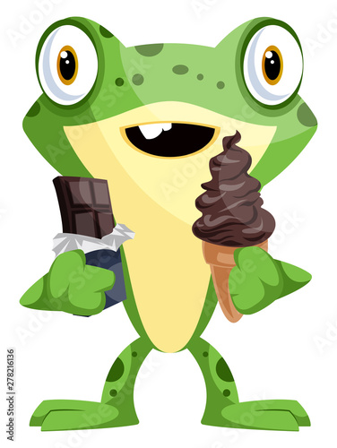 Cheerful baby frog eating candies, illustration, vector on white background.