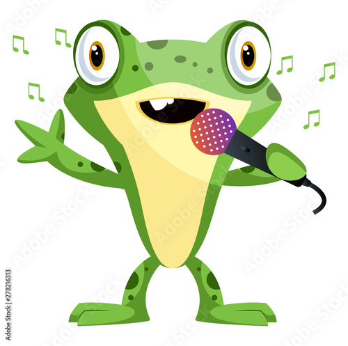 Happy frog mascot singing on a microphone, illustration, vector on white background.