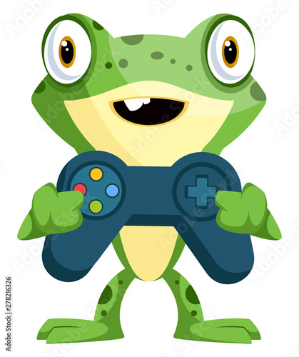 Cute baby frog holding a joystick, illustration, vector on white background.
