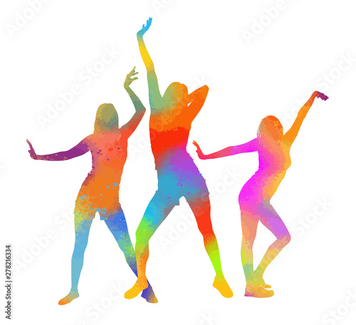 The silhouette of dancing girls is multicolored. Vector