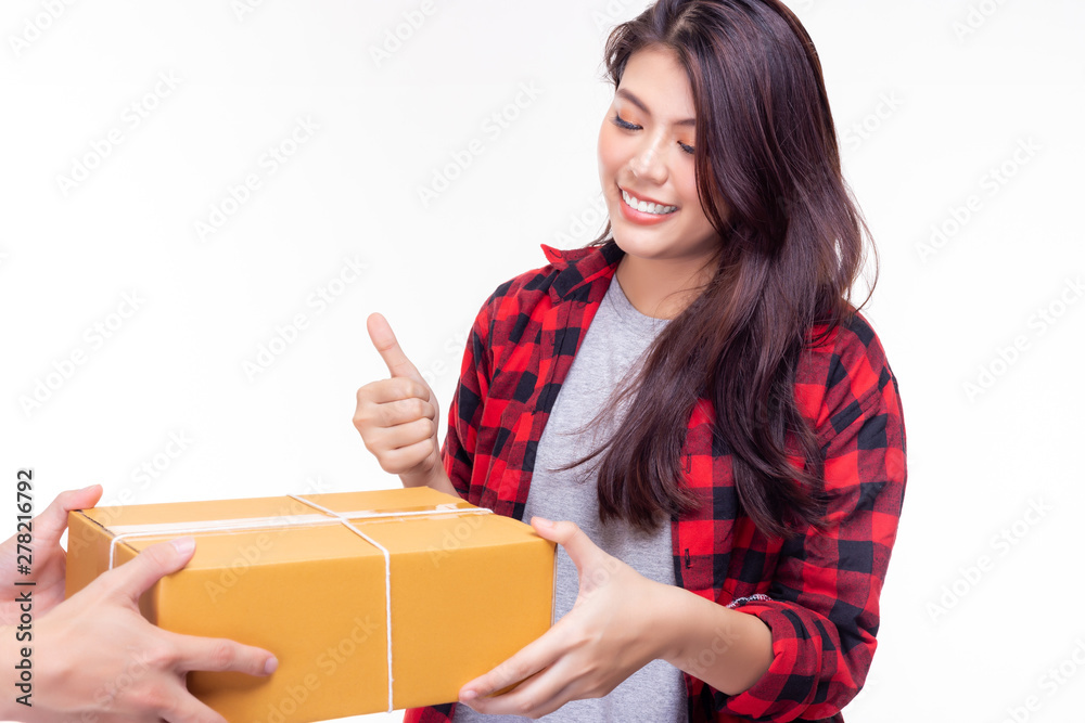 Beautiful woman receive package from goods delivery. It send from foreign country to customer woman very quickly. Attractive beautiful girl get satisfied it and give thumbs up with smile face. Beautiful woman receive package from goods delivery. It send from foreign country to customer woman very quickly. Attractive beautiful girl get satisfied it and give thumbs up with smile face.