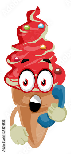 Ice cream talking on a phone, illustration, vector on white background.