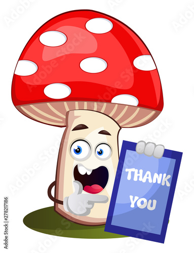 Mushroom with thank you sign, illustration, vector on white background.
