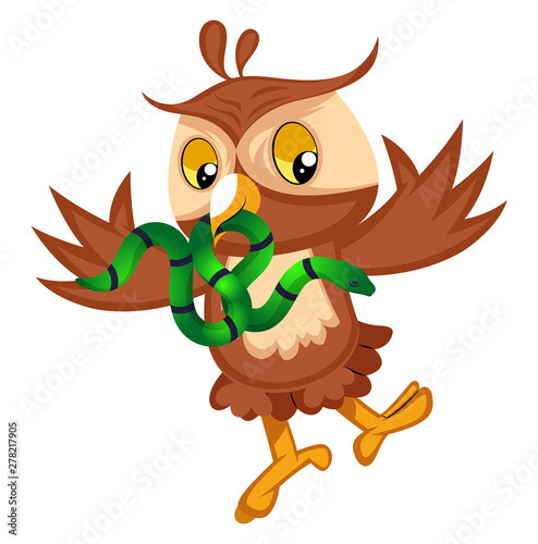 Owl with snake, illustration, vector on white background.