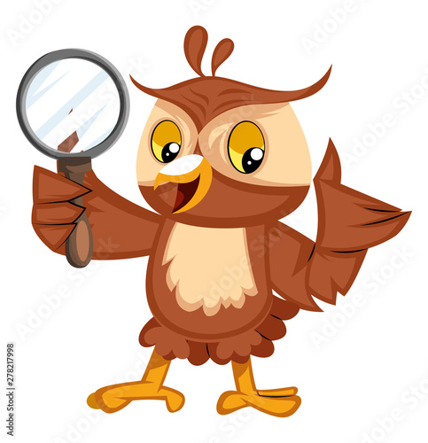 Owl with magnifying glass, illustration, vector on white background.