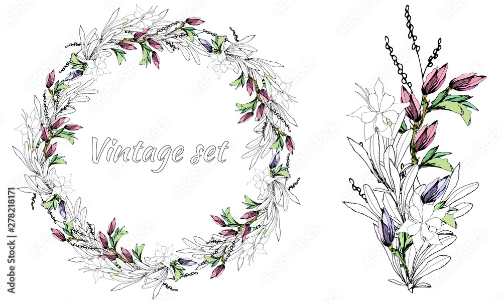 Flower wreath. Vintage style. Wedding wreath of delicate flowers and leaves. Spring set. Vector brush.