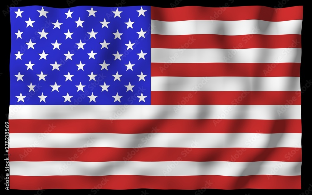 Fototapeta premium Waving flag of the United States of America on a dark background. Stars and Stripes. State symbol of the USA. 3D illustration