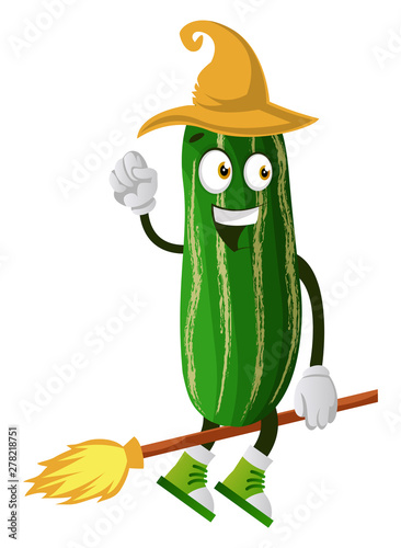 Cucumber flying on a broom, illustration, vector on white background.