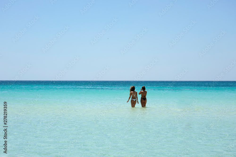 Back view of two beautiful friendly women bathing in the clear sea against a sunny sky.Vacation concept.