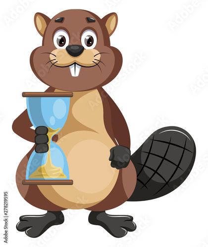 Beaver with sand watch, illustration, vector on white background.