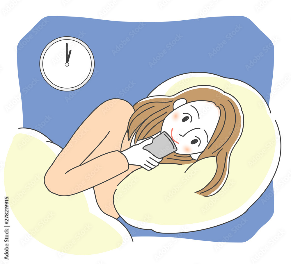 寝る前にスマートフォンを使う女性のイラスト Stock Illustration Adobe Stock