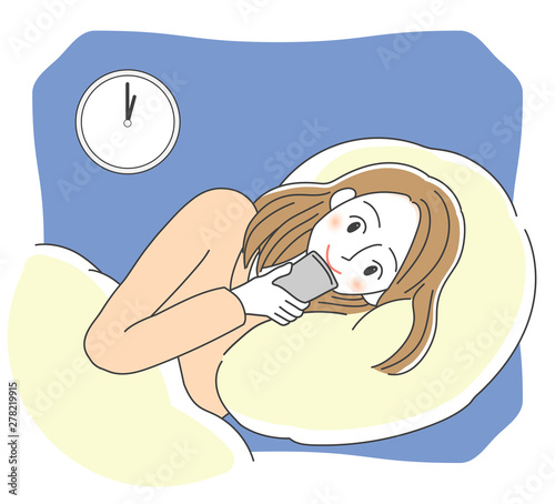 寝る前にスマートフォンを使う女性のイラスト Stock Illustration Adobe Stock