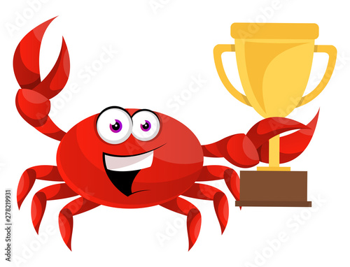 Crab holding trophy, illustration, vector on white background.