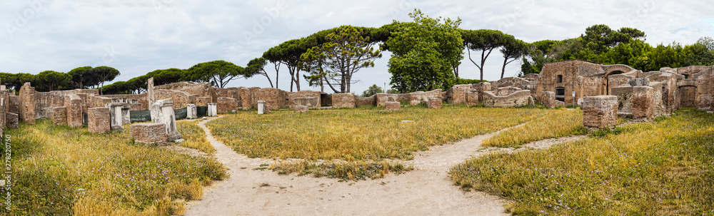 Panoramic view - 180 degrees - of the Barracks of the Fire Brigade - Caserma dei vigili - located in the Roman archaeological excavations in Ostia Antica - Rome