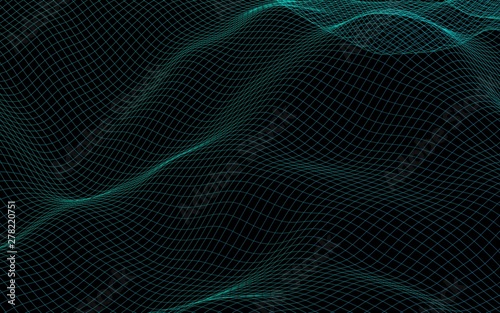 Abstract landscape background. Green cyberspace grid. hi tech network. 3D illustration