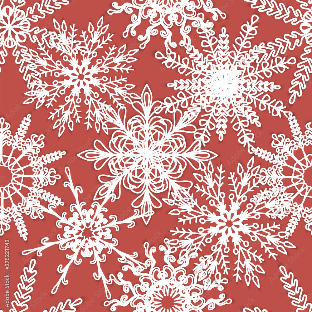Beautiful Christmas pattern with white snowflakes on red background.Vector illustration. Beautiful Christmas pattern with white snowflakes on red background.Vector illustration.