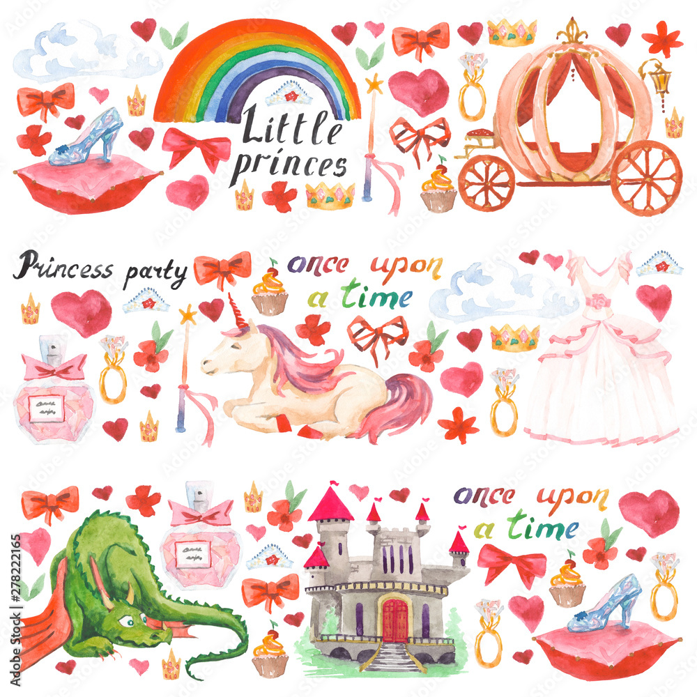 Watercolor pattern with beautiful princess, castle, carriage, dragon, crown and accessories for little children and girls. Birthday princess party