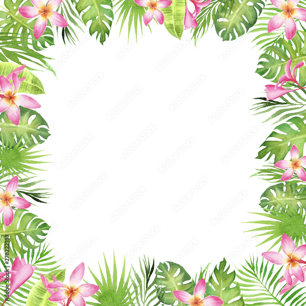 watercolor border frame green tropical leaves and flowers