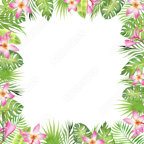 watercolor border frame green tropical leaves and flowers