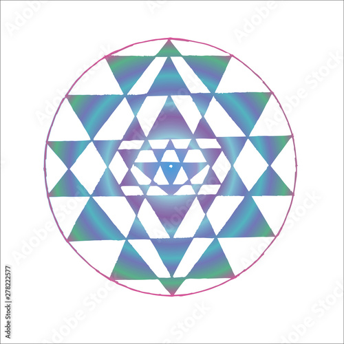 Color illustration of Shri Yantra. Triangles and concentration background. Tattoo idea.