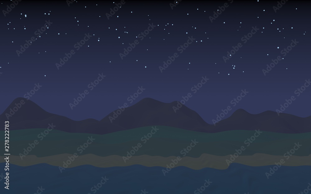 Fototapeta premium Starry moonless sky. Ocean shore line with waves on a beach. Island beach paradise with waves. Vacation, summer, relaxation. Seascape, seashore. Minimalist landscape, primitivism. 3D illustration