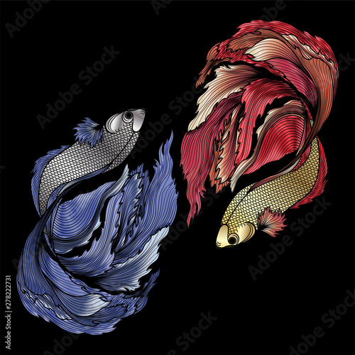 Hand drawn of fish isolated.Gold and silver version. Vector illustration.